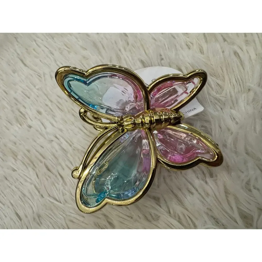 Large Pink and blue clear butterfly hair clip claw with gold trim